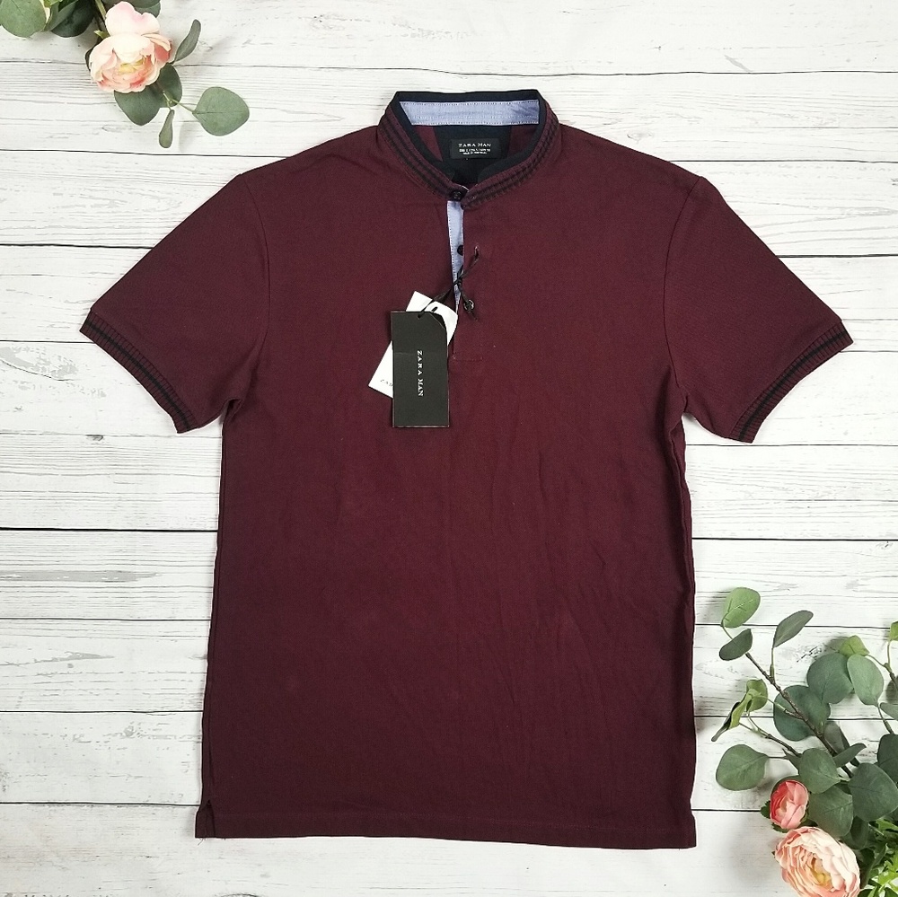 Zara Mens Casual Burgundy Short Sleeve Polo Size S